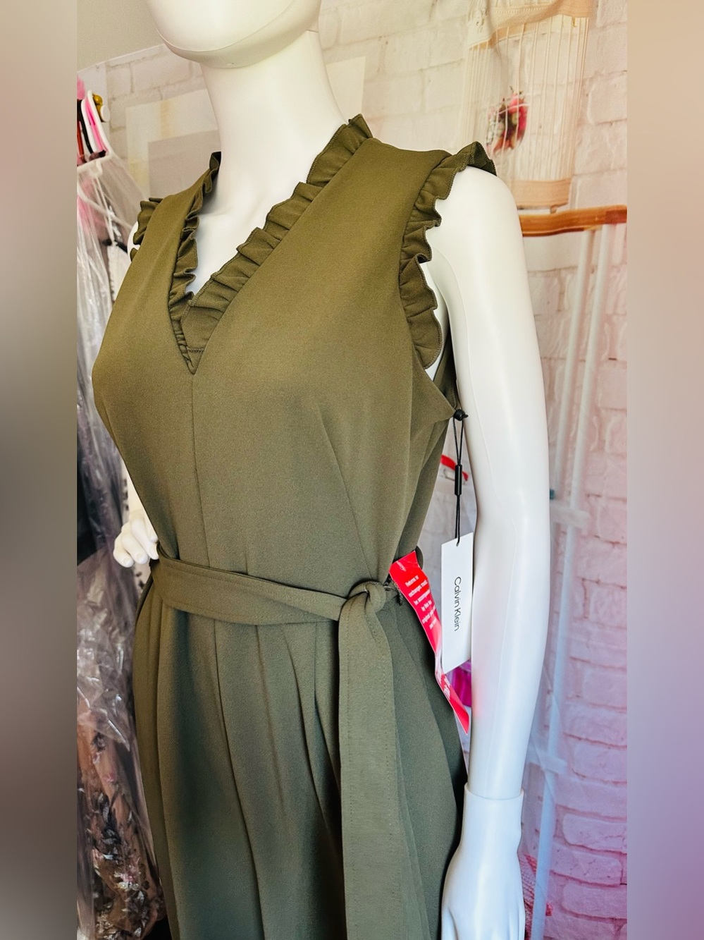 Calvin Klein Olive Green Ruffle Wide Leg Belted Jumpsuit - Picture 4 of 11